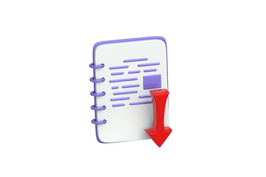 Austerity policy implementation notes. Cost reduction planning. Cutting overhead corporate expenses. Paper notebook beside downward arrow isolated on white background. 3d render