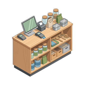 Modern checkout counter with computer and groceries.
