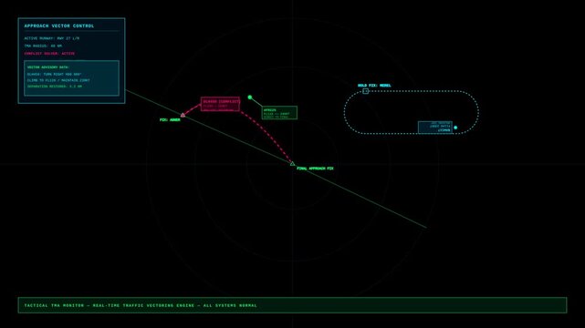 Futuristic Air Traffic Control Radar Interface Screen with Digital Flight Data Vector Animation