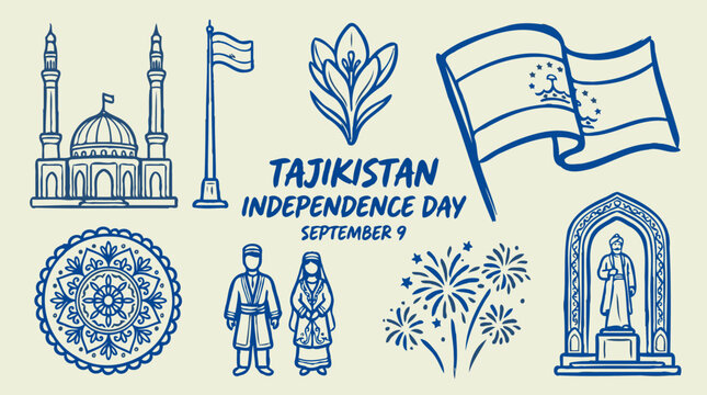 Tajikistan Independence Day greeting with national emblems line art illustration