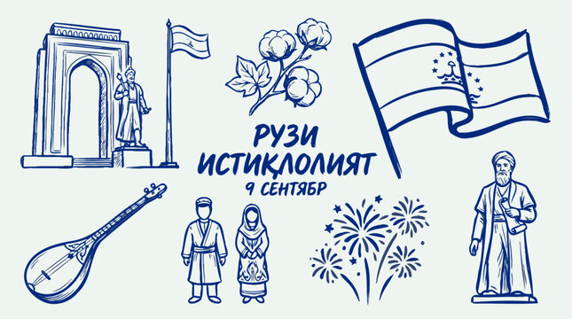 Tajikistan Independence Day September 9 celebration outline illustration set
