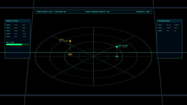 Futuristic Digital Air Traffic Control Radar Screen Display with Flight Data and Aircraft Tracking
