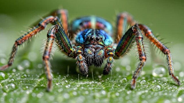 Macro Photography of a Vibrant Iridescent Jumping Spider Resting on a Dewy Green Leaf in a Natural Garden Environment