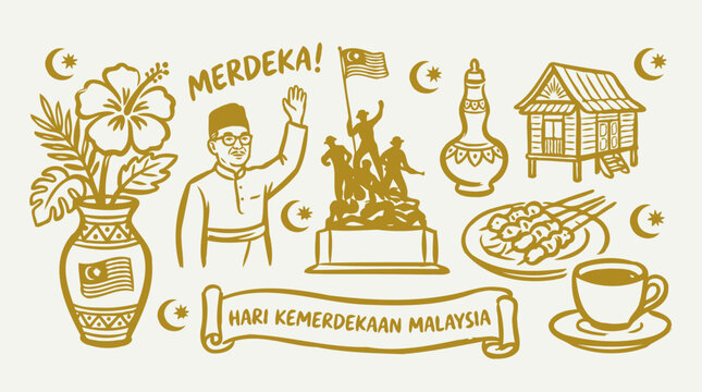 Hari Kemerdekaan Malaysia celebration with National Monument doodle illustration