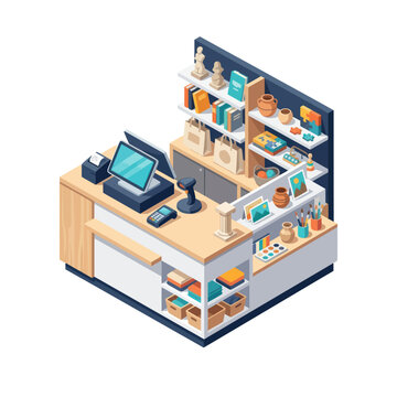 Modern retail checkout counter with digital payment system.
