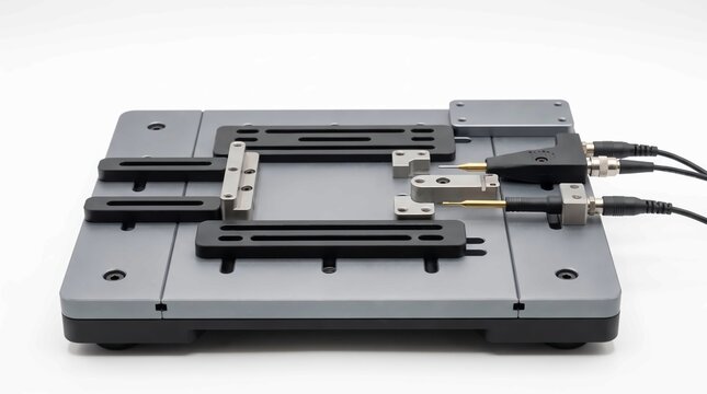 Precision electronic testing jig fixture featuring metallic grey base plates with black adjustable components and specialized probe contact needles attached
