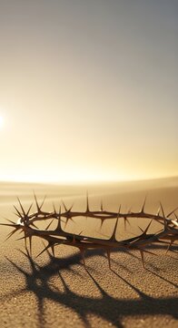 Crown of Thorns on Desert Ground at Sunrise, Christian Good Friday and Holy Week Symbol of Jesus Christ Crucifixion, Sacrifice, Suffering, Redemption and Faith