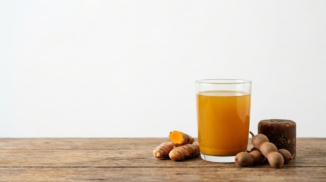 Turmeric tamarind jamu drink with raw ingredients