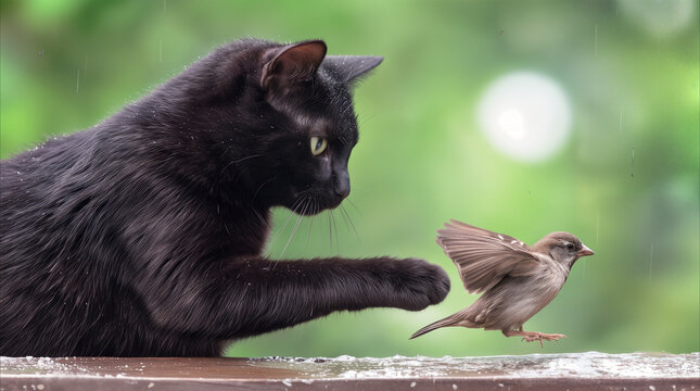 Black cat reaching out toward small sparrow on rainy ledge. Predator and prey interaction in garden setting.