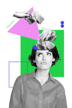 Composite collage picture image of&nbsp;young female brainwashed crumpled paper trash head billboard comics zine minimal