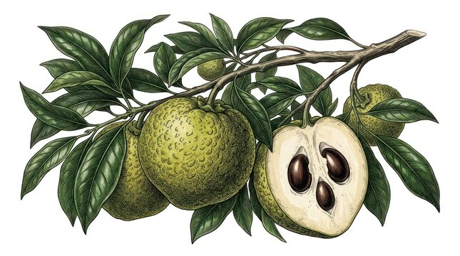 Elegant Botanical of Soursop Fruit with Detailed Cross Section and Leaves on Branch with high quality professional line art symbols for modern creative design and digital branding projects