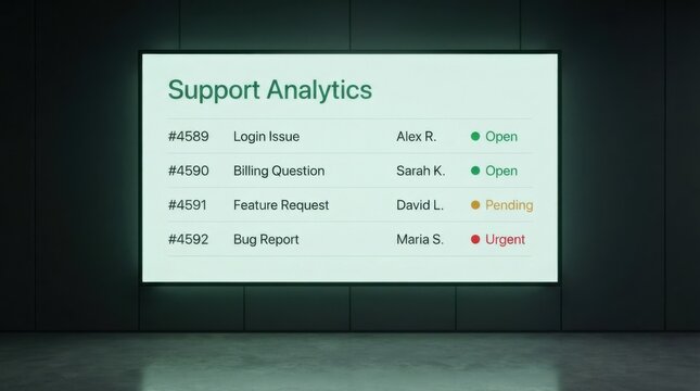 Support Analytics Ticket Queue Table on Large Wall Display