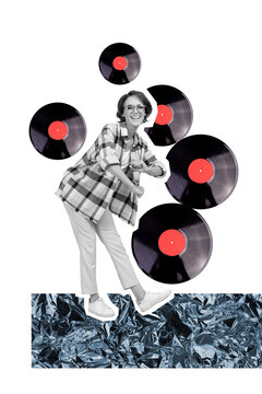Composite trend artwork sketch image collage of silhouette young lady dance moving pose celebrate obsolete party vinyl record listen music