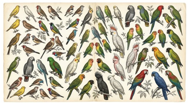 Elegant Vintage of Diverse Colorful Parrots and Birds perched on Branches with Detailed Artistic Design