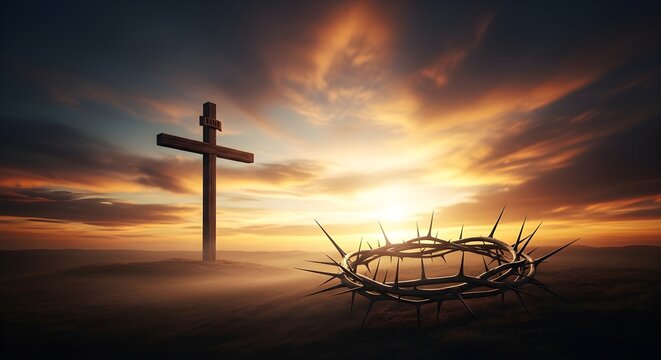 Christian Cross with Crown of Thorns at Dramatic Sunset, Good Friday and Easter Symbol of Jesus Christ Crucifixion, Sacrifice, Redemption, Resurrection, Faith and Holy Week