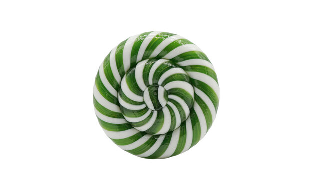 Round green and white striped hard candy swirl lollipop treat isolated on a transparent background spiral