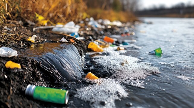 Polluted Shoreline: Plastic debris litters the edge of a body of water, creating an unsightly and harmful environmental hazard.
