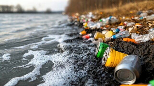 Pollution on the Shoreline: A stark reminder of environmental neglect, plastic waste and discarded cans litter a once-pristine shoreline, with waves gently lapping at the debris.