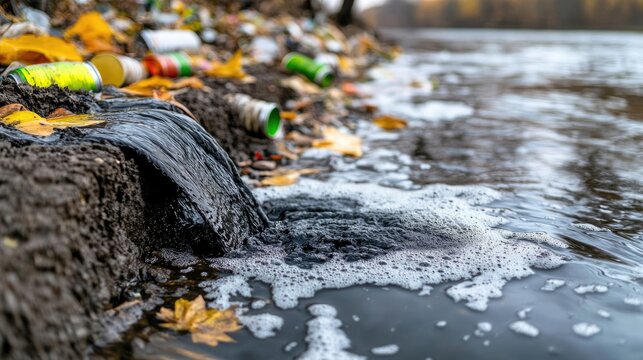 Pollution Fouls Natural Waters: Discarded plastic bottles and other refuse litter the bank of a body of water, with dark, polluted water flowing out from the shore.