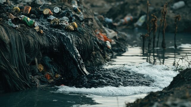 Polluted Waterway: A stark depiction of environmental degradation, showing a polluted riverbank choked with refuse and debris, reflecting the dire consequences of human waste on natural ecosystems.