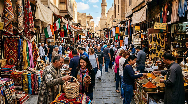 Bustling Middle Eastern Marketplace with Shoppers and Vendors.