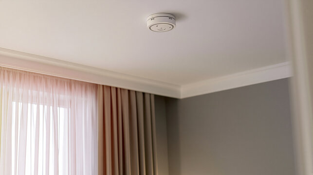 Smoke detector mounted on a white ceiling in a modern home interior, ensuring safety and fire protection with advanced alarm technology and sensor features, copy space