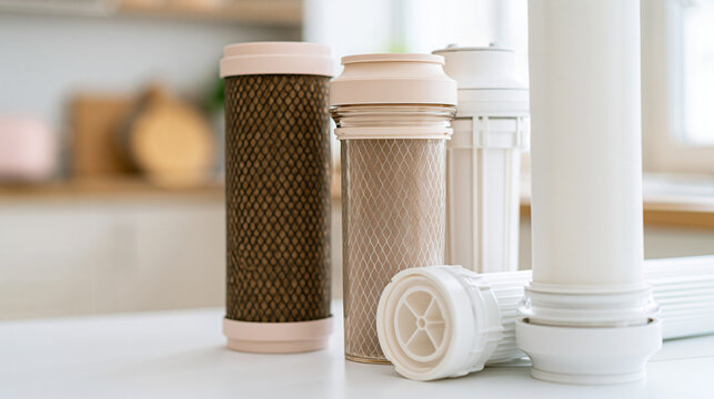 Various water filter cartridges, including activated carbon and sediment types, standing and lying on white surface in a kitchen, representing clean water, purification, home maintenance, copy space