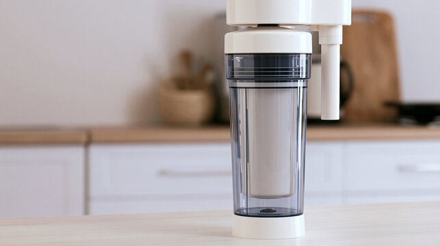 Water filter system providing clean drinking water, filtering tap water for purification and health in a modern home kitchen environment, copy space