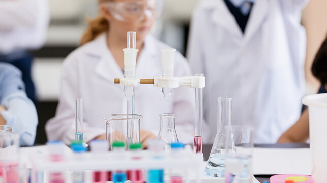 Young students engaging in a chemistry experiment, learning science concepts and research skills in a laboratory setting, wearing lab coats and protective glasses