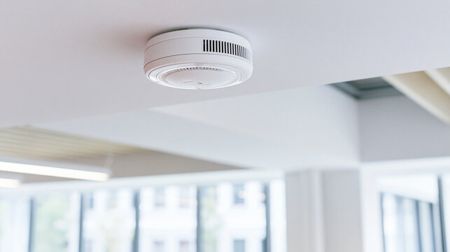 White smoke detector on a ceiling of a modern office space, providing essential fire prevention, safety, and security against potential hazards, ensuring protection for occupants, copy space
