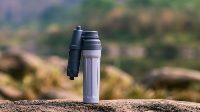 Portable water filter bottle standing on a rock, providing clean drinking water for outdoor adventurers, hikers, and campers in a natural wilderness environment, copy space