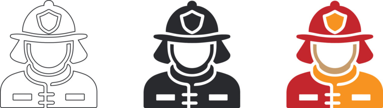 A professional collection of firefighter portrait icons featuring diverse artistic styles including linear outline, solid black silhouette, and vibrant colored flat vector