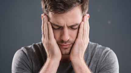 Fototapeta premium Stressed young adult man holding head in hands with eyes closed. Mental health and emotional exhaustion concept.