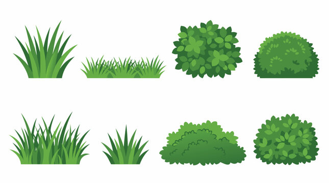 Set of green grass patches and garden bushes in flat vector illustration style for landscape design