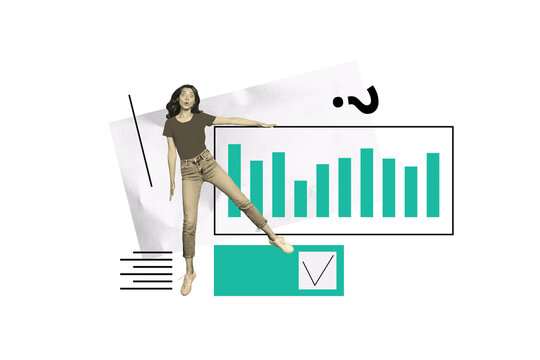 3D collage trend artwork composite sketch poster of miniature young lady confused face stand balance trader graphics checkbox done