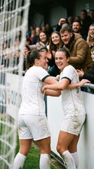 Fototapeta premium Female teammates embrace beside goal after scoring for fans. Concept of teamwork, women in sport, fan connection and match celebration.