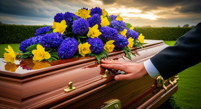Man's hand touching a polished wooden casket adorned with flowers. Funeral service held outdoors with purple and yellow blooms at sunset. Grief concept for bereavement and memorial services.