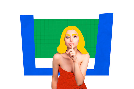Creative picture collage young woman show gesture finger shh dont speak keep silence prohibit mute censorship checkered background