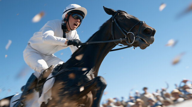 Intense Action Scene of a Jockey Riding a Dark Horse at the Velka Pardubicka Steeplechase Race