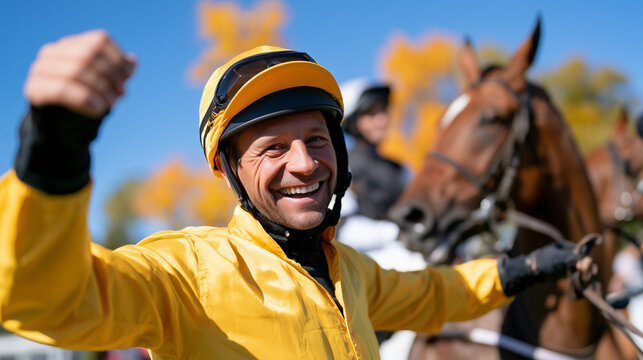 Jockey Celebrating Victory in the Velka Pardubicka Steeplechase Horse Racing Competition Event