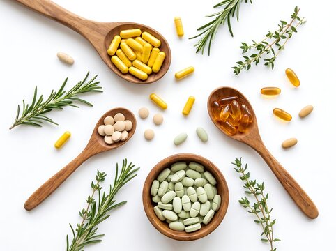 Natural Herbal Supplements Displayed With Wooden Spoons