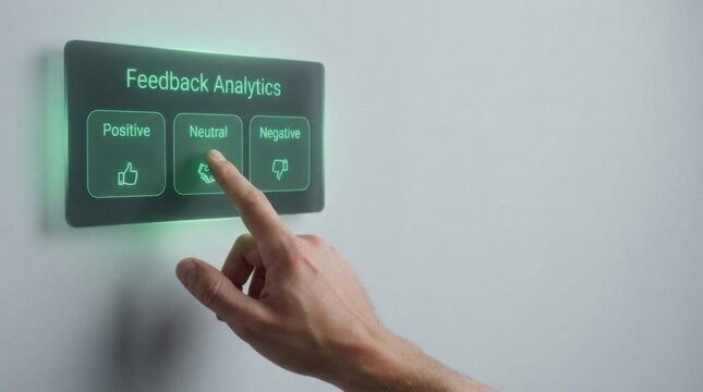 Hand Pressing Feedback Analytics Sentiment Button on Wall Panel