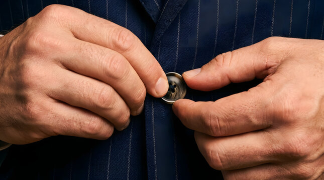 Businessman buttoning his navy blue pinstripe suit jacket for a professional meeting.