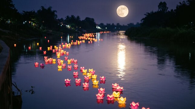 Glowing lotus paper lanterns floating on a calm river under a full moon