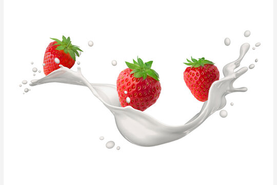 Three Strawberries with cream, yogurt splash isolated on white background - 3D illustration