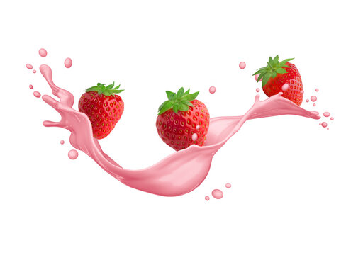 Three Strawberries with pink cream, yogurt splash isolated on white background - 3D illustration