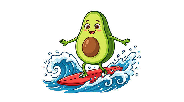 Cute cartoon avocado character surfing on a red surfboard in the ocean waves vector illustration