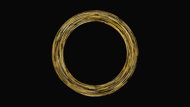 Circular golden ring made of fine parallel lines and particles on a black background, creating a glowing, abstract, and dynamic frame effect