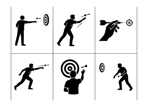 Silhouettes of people throwing darts at targets presented in a collection of black icons.