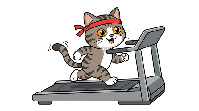 Cute Grey Tabby Cat Wearing Red Headband Running on a Treadmill for Daily Fitness Workout
